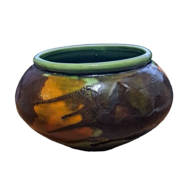 Royal Haegar MCM Green EARTH WRAP Textured Round Planter Brown Orange Cottage - Picture 1 of 12